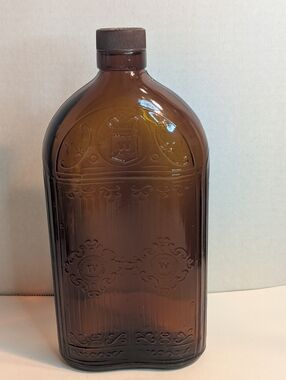 Vintage TRADEMARK W Brown Amber Glass Hiram Walker Flask Style Bottle.